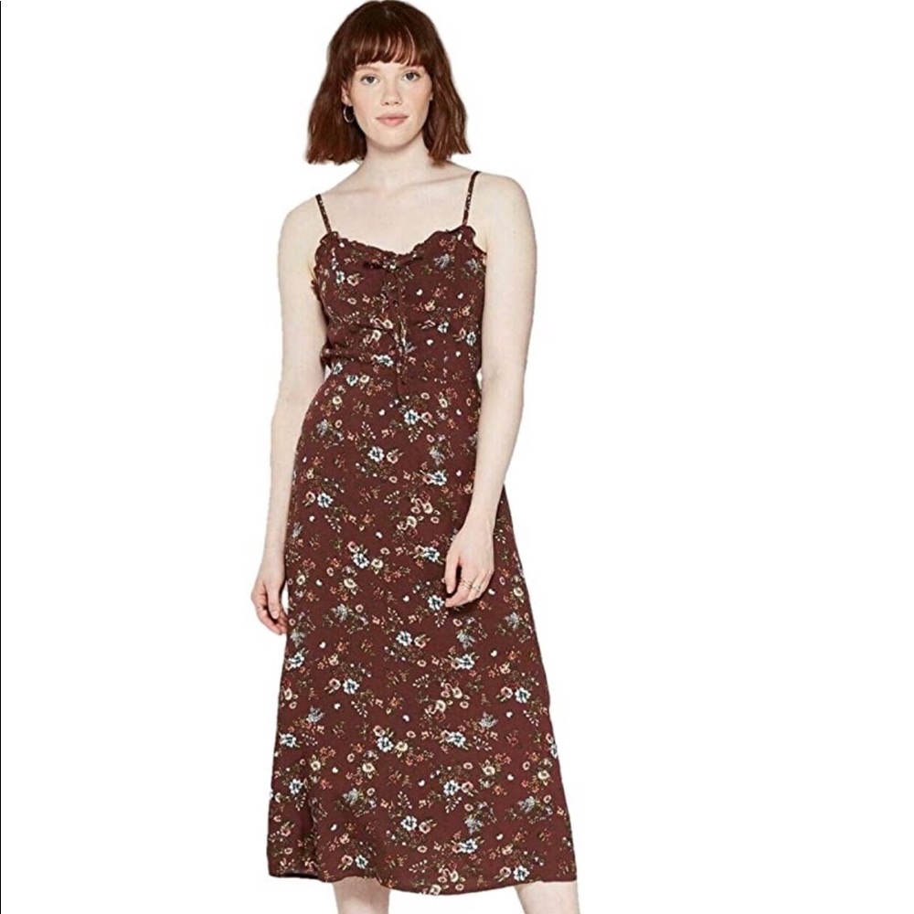 Wild Fable Brown Floral Tie Front Midi Slip Dress
